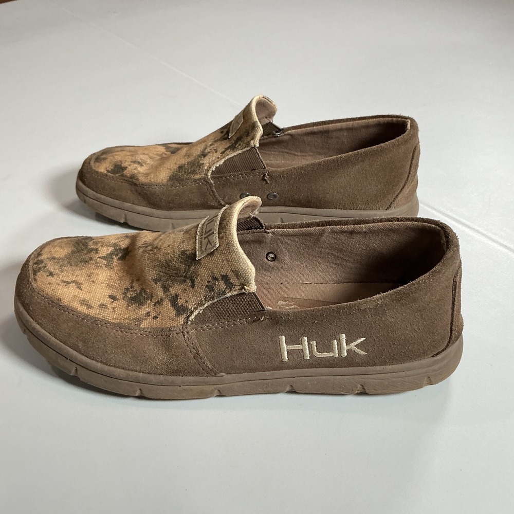 Huk Brewster Leather Shoes Mens 7 Brown Camo Suede Slip On Fishing Gorpcore